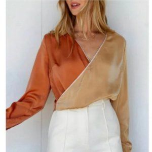 Satin Two-Tone Wrap Blouse